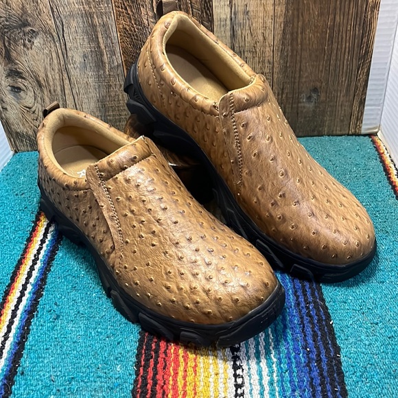 Roper mens size 12 tan ostrich slip on shoes,has a. rubber sole. main image 4